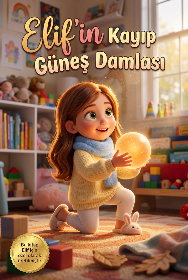 Elif'in Kayıp Güneş Damlası isme özel çocuk kitabı ön kapağı, Pixar 3D stili illüstrasyon