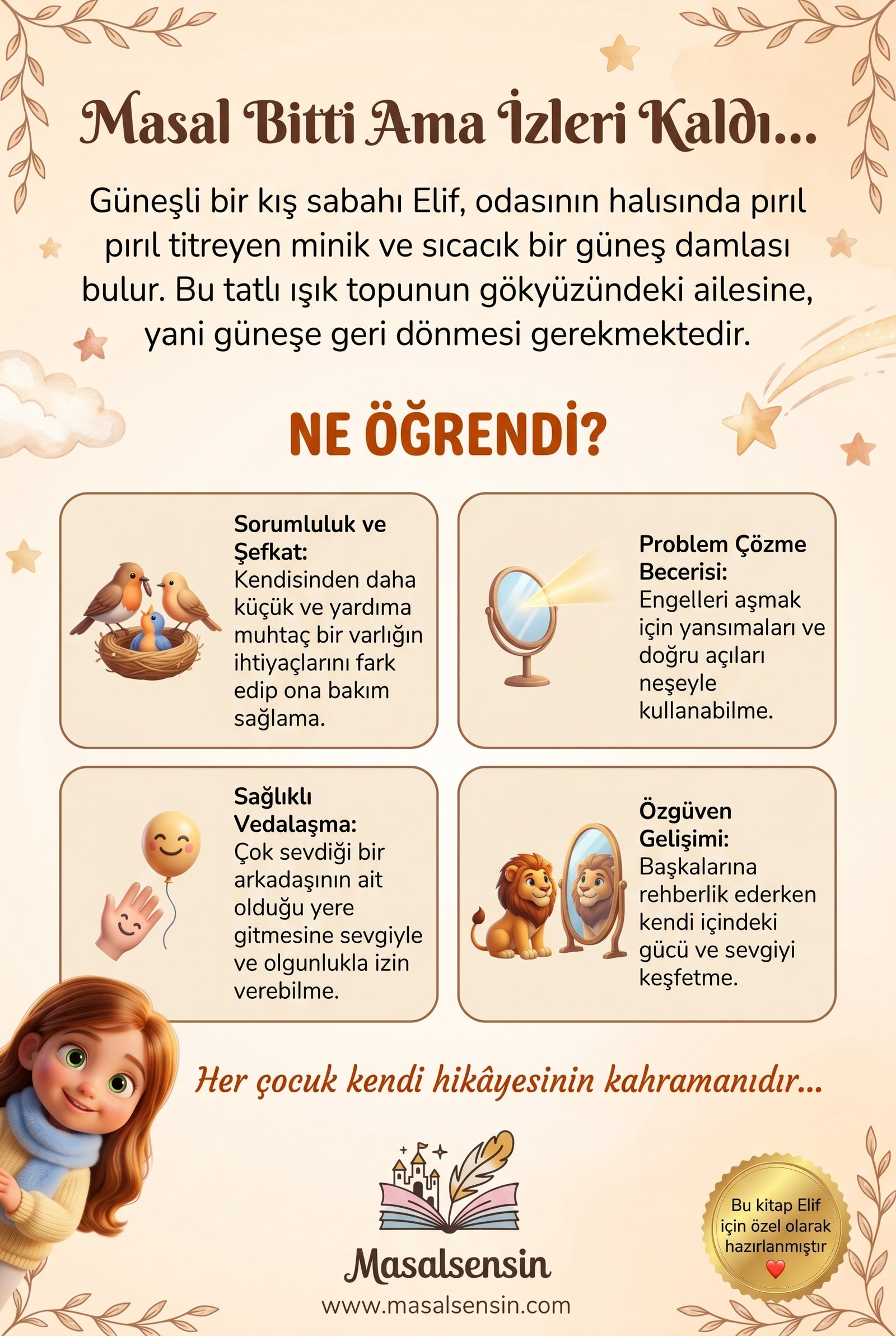 Elif isimli masal kitabının arka kapağı — şefkat ve sağlıklı vedalaşma kazanımları özeti