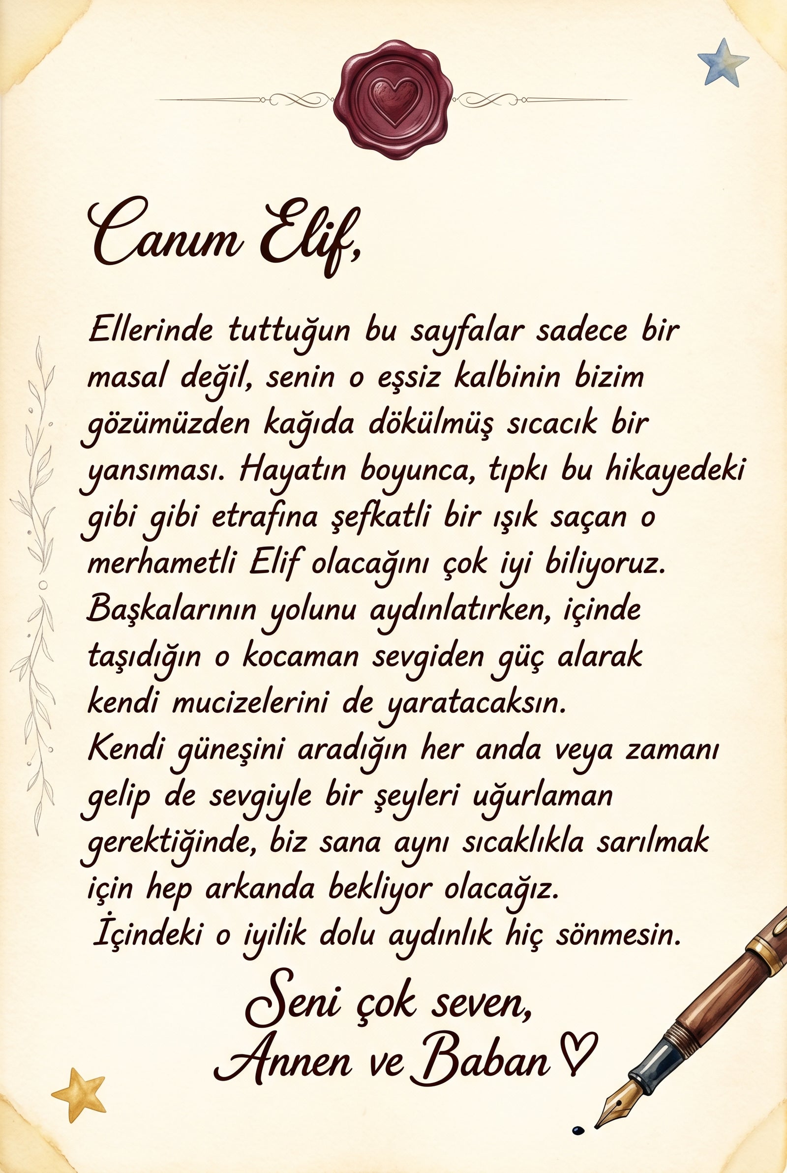Kitabın ilk sayfasında yer alan hediye edenden çocuğa yazılmış sevgi dolu özel ithaf notu