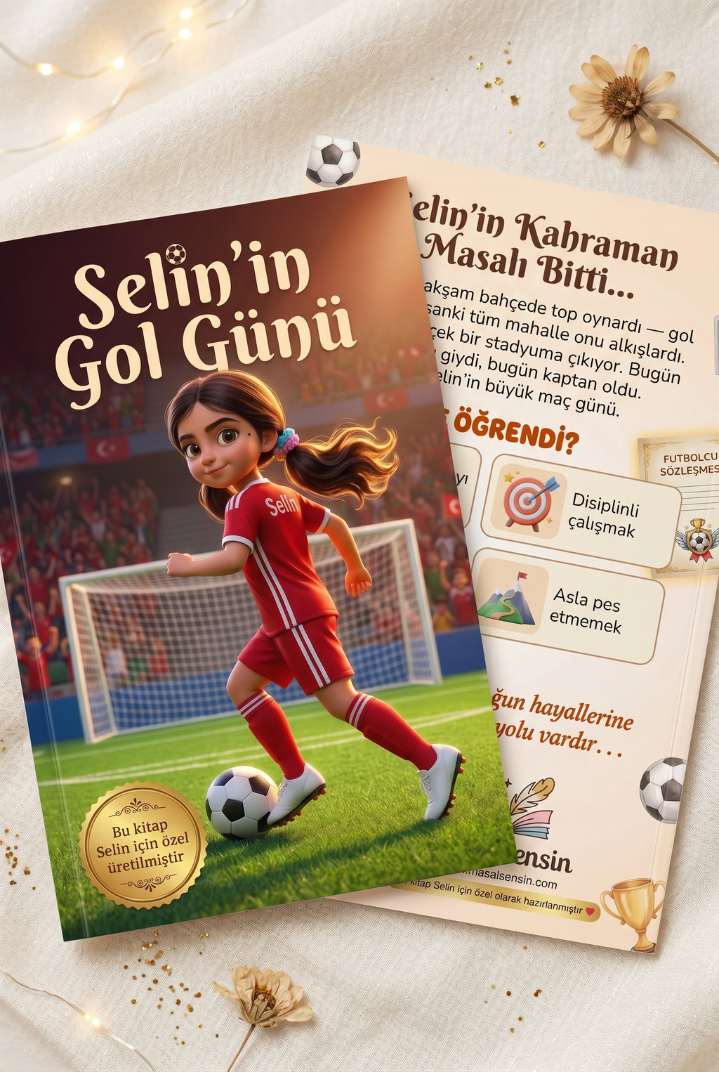 A4 yumuşak kapaklı Selin'in Gol Günü kişiye özel masal kitabı ön ve arka kapağının birleşik görünümü
