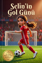 Selin'in Gol Günü isimli kişiye özel çocuk kitabının ön kapağı, stadyum ve kırmızı formayla 3D çizim