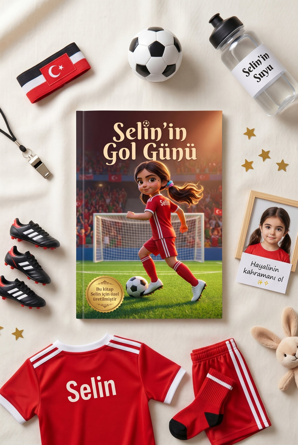 Kişiselleştirilmiş masal kitabı, beyaz kramponlar ve minyatür futbol topu ile masaüstü doğum günü hediye konsepti