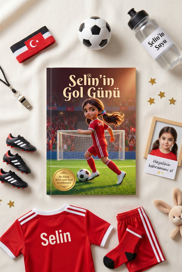 Kişiselleştirilmiş masal kitabı, beyaz kramponlar ve minyatür futbol topu ile masaüstü doğum günü hediye konsepti