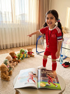 Yatmadan önce kendi adının yazılı olduğu futbol macerasını heyecanla okuyan çocuk — bedtime reading anı