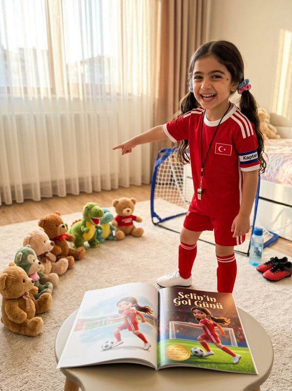 Yatmadan önce kendi adının yazılı olduğu futbol macerasını heyecanla okuyan çocuk — bedtime reading anı