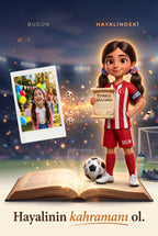 Çocuğun gerçek fotoğrafından kişiye özel 3D futbolcu çocuk kitabı kahramanına kusursuz dönüşüm illüstrasyonu
