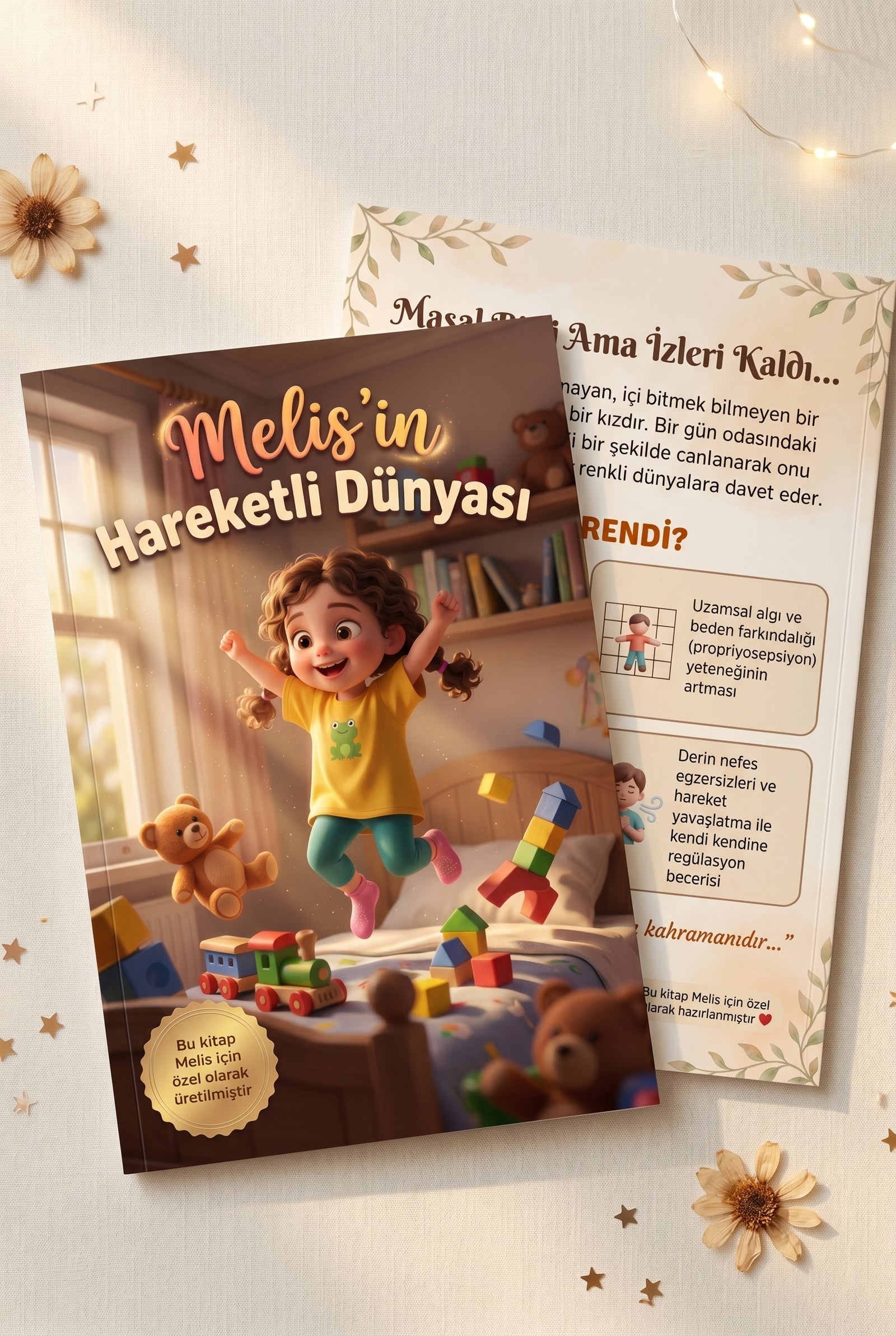 Kişiye özel kitabın ön ve arka kapağı birlikte — yüksek kaliteli bebek masalı tasarımı