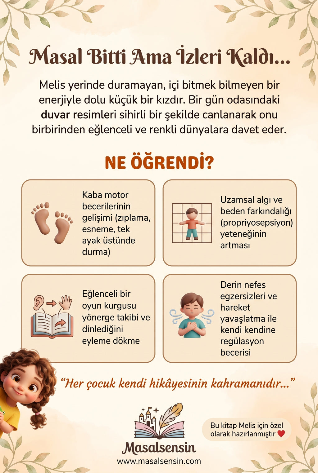 İsimli çocuk kitabının arka kapağı — motor beceri ve derin nefes egzersizi kazanımları özeti