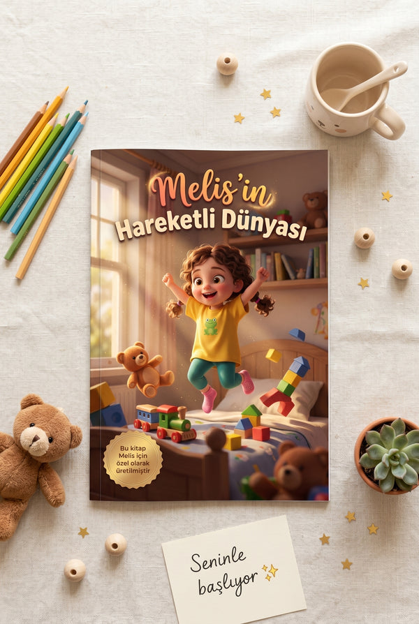 Kişiselleştirilmiş hikaye kitabının yumuşak kapağı ve A4 boyutunun masadaki görünümü