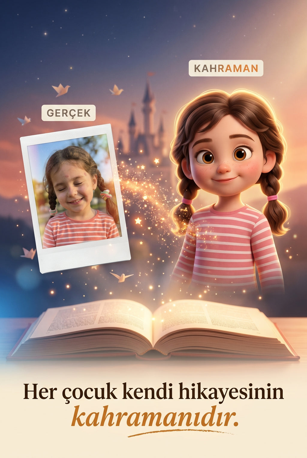Çocuğunuzun fotoğrafından 3D masal kahramanına dönüşüm süreci ve sihirli orman sahnesi