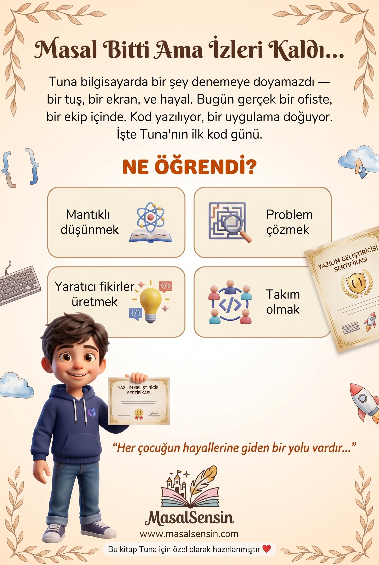 Tuna isimli kitabın arka kapağı — yaratıcı düşünme ve problem çözme gelişim kazanımları
