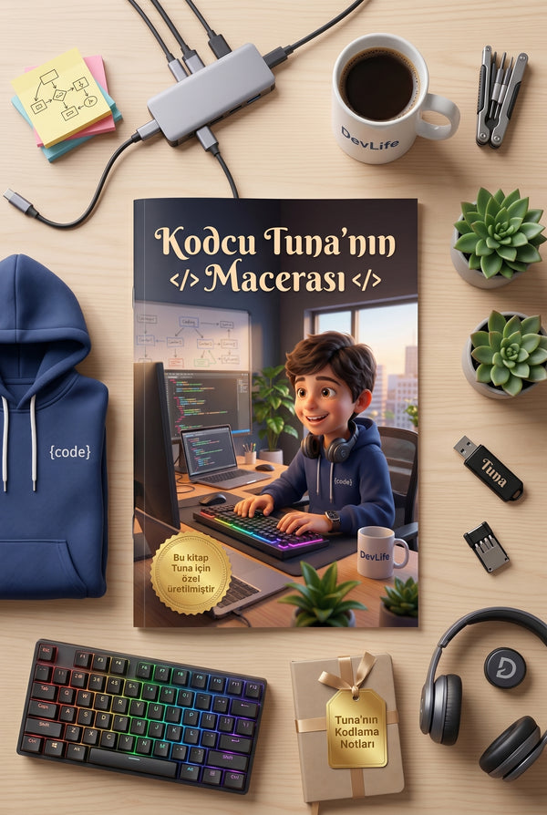 Masada duran Kodcu kitabı, renkli klavye ve teknolojik oyuncaklar eşliğinde flatlay çekim