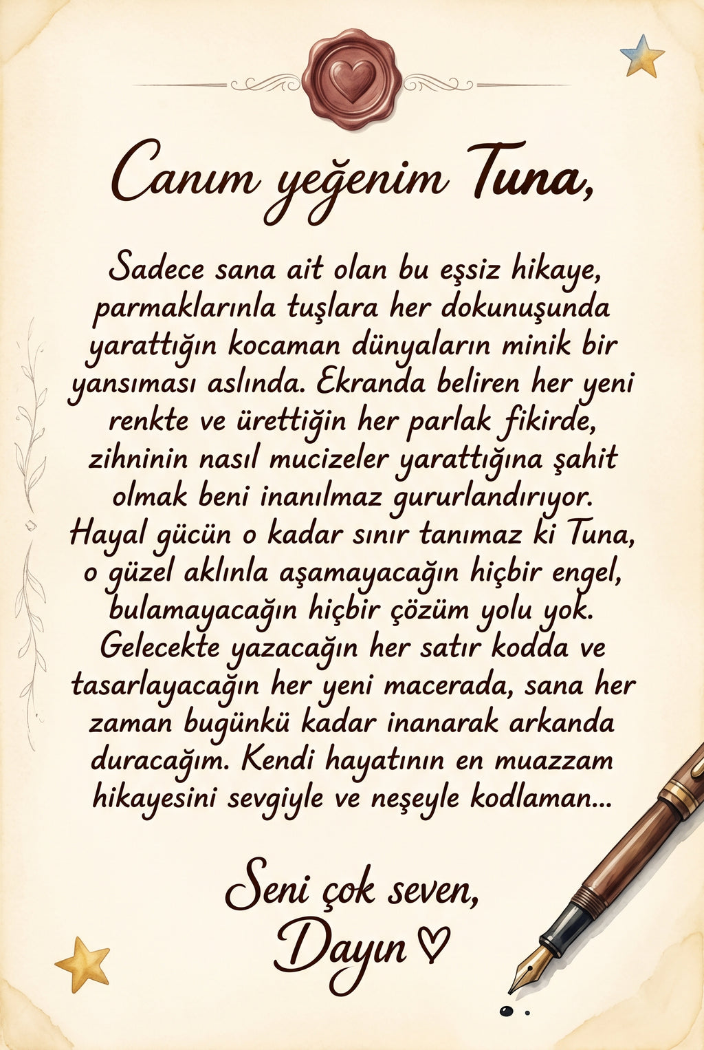 Hediye eden teyzesinden ve ailesinden Tuna'ya özel yazılmış duygusal doğum günü ithaf sayfası