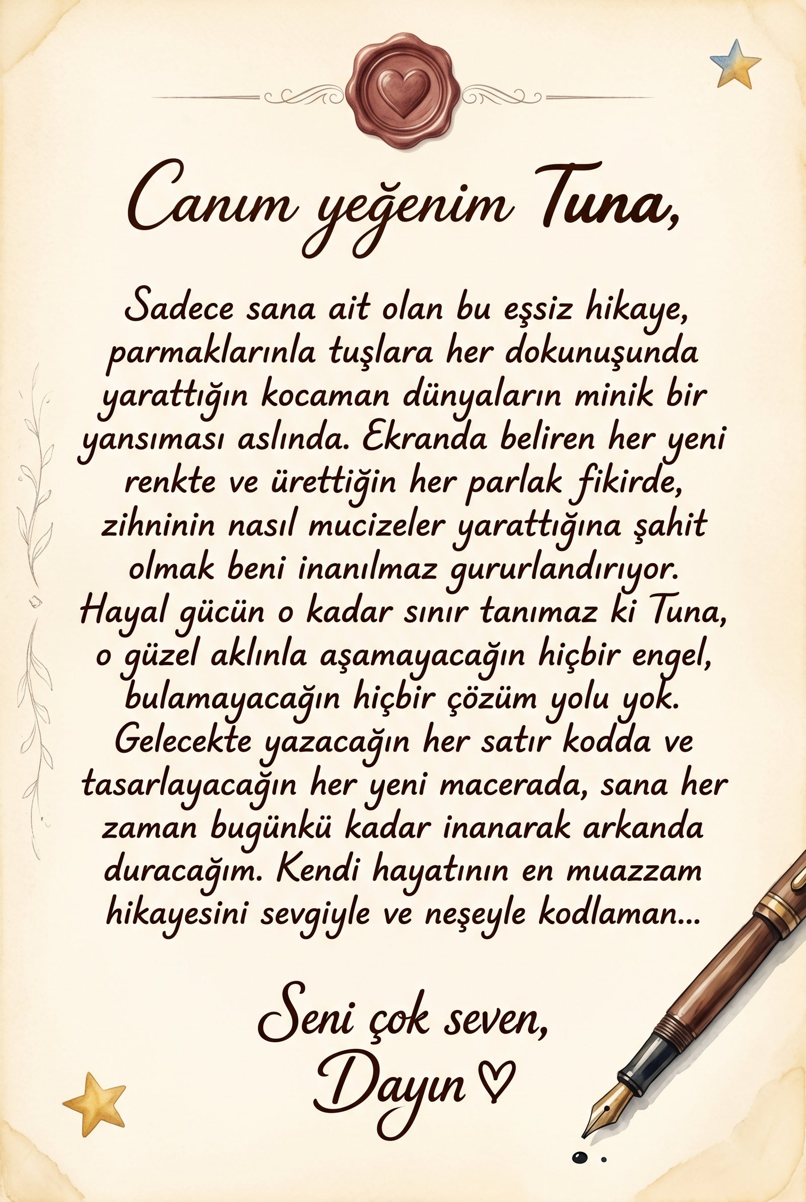 Hediye eden teyzesinden ve ailesinden Tuna'ya özel yazılmış duygusal doğum günü ithaf sayfası