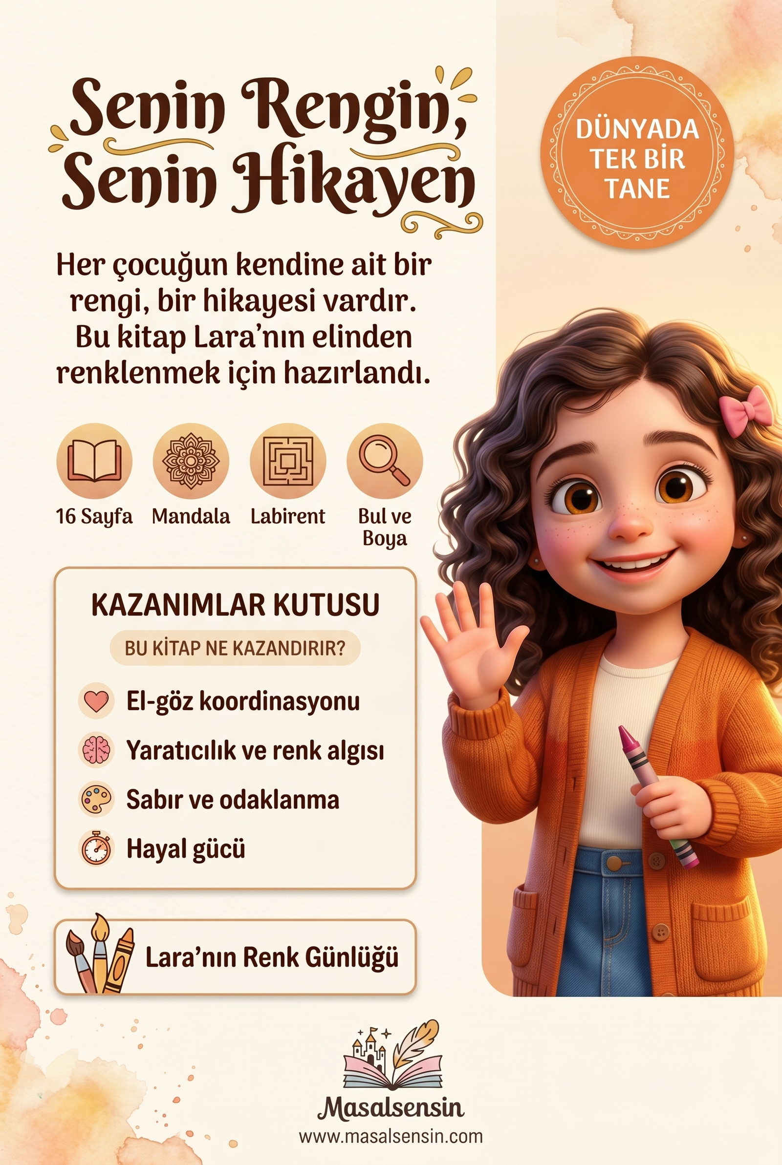 Kişiye özel Mevsim Boyama Kitabı'nın arka kapağı, çocuğun yaratıcılığını geliştiren kazanımları vurguluyor.