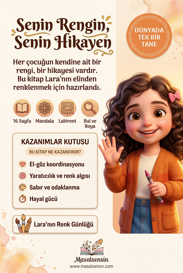 Kişiye özel Mevsim Boyama Kitabı'nın arka kapağı, çocuğun yaratıcılığını geliştiren kazanımları vurguluyor.