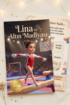 Lina ve Altın Madalyası A4 yumuşak kapak kitabının ön ve arka kapağı yan yana sergilenirken