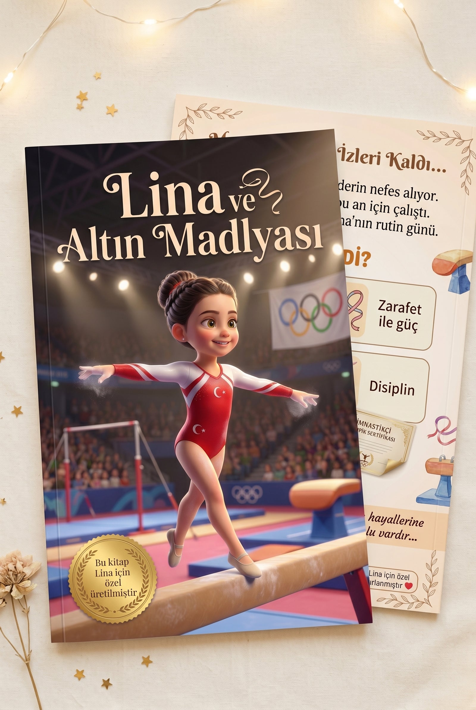 Lina ve Altın Madalyası A4 yumuşak kapak kitabının ön ve arka kapağı yan yana sergilenirken