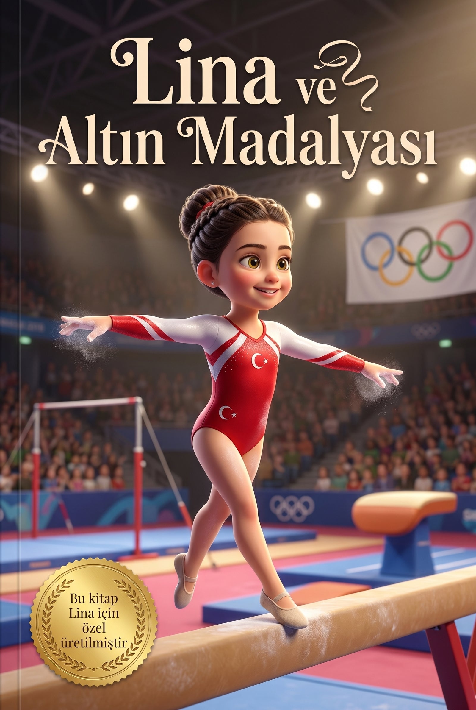 Lina ve Altın Madalyası kişiselleştirilmiş meslek kitabı ön kapağı - Pixar kalitesinde jimnastikçi 3D çizimi