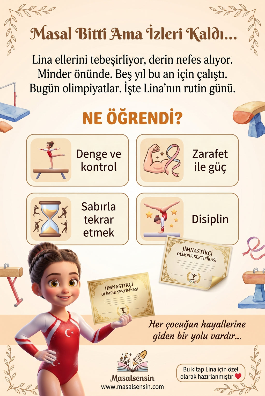 Lina isimli çocuk kitabının arka kapağı - Erken dönem disiplin ve odaklanma kazanımlarını anlatan bölüm
