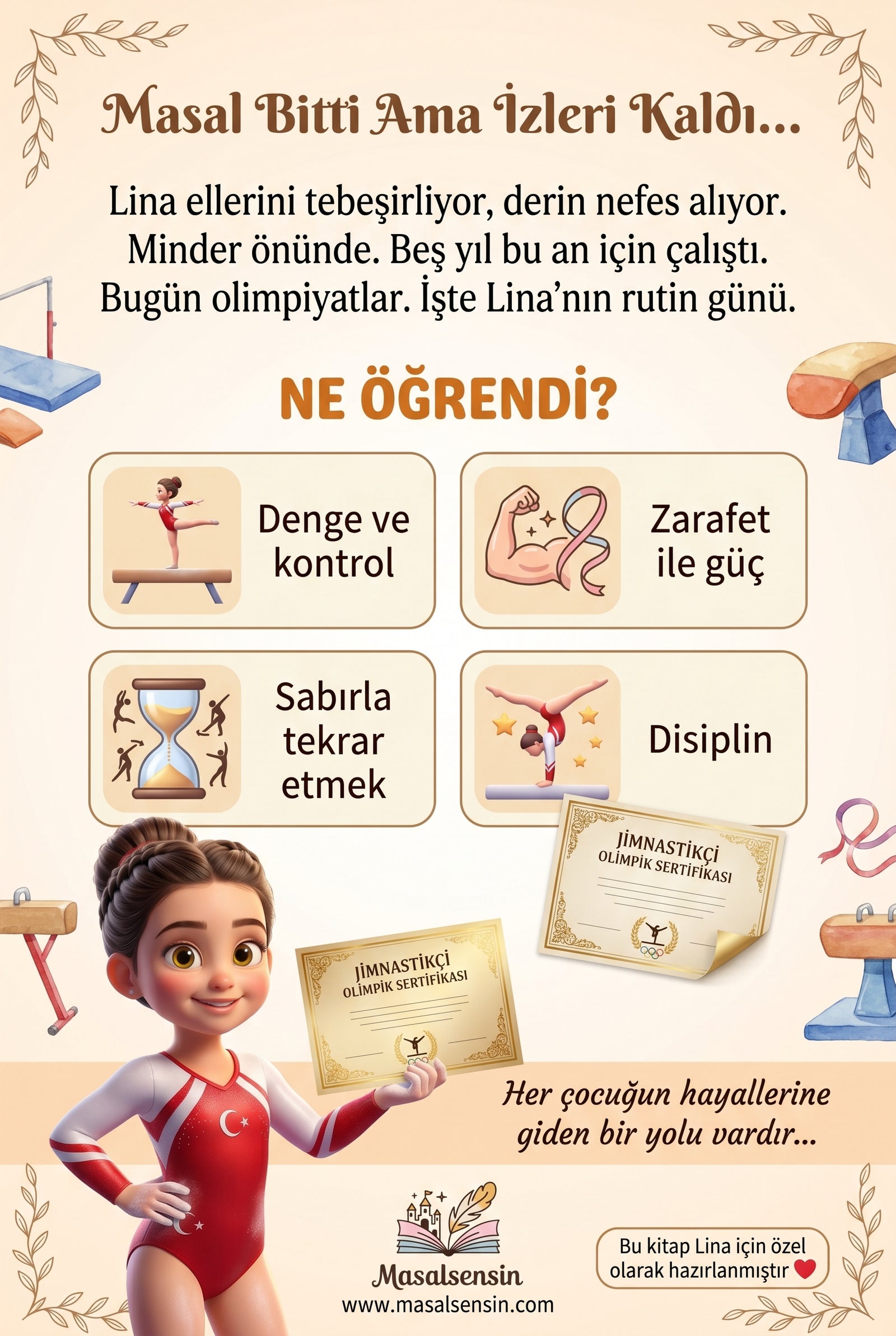 Lina isimli çocuk kitabının arka kapağı - Erken dönem disiplin ve odaklanma kazanımlarını anlatan bölüm