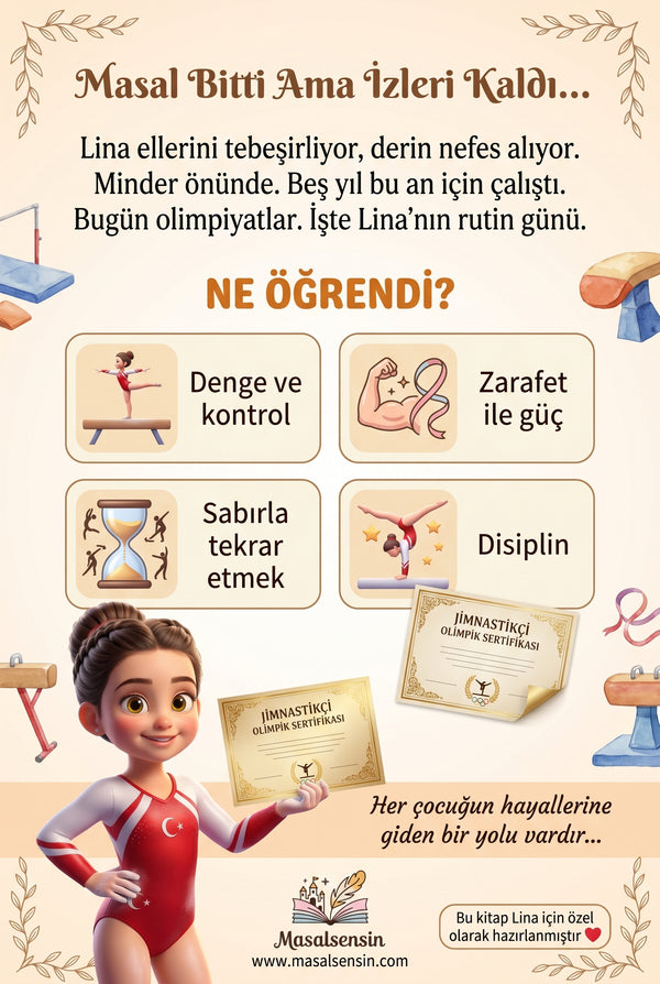 Lina isimli çocuk kitabının arka kapağı - Erken dönem disiplin ve odaklanma kazanımlarını anlatan bölüm