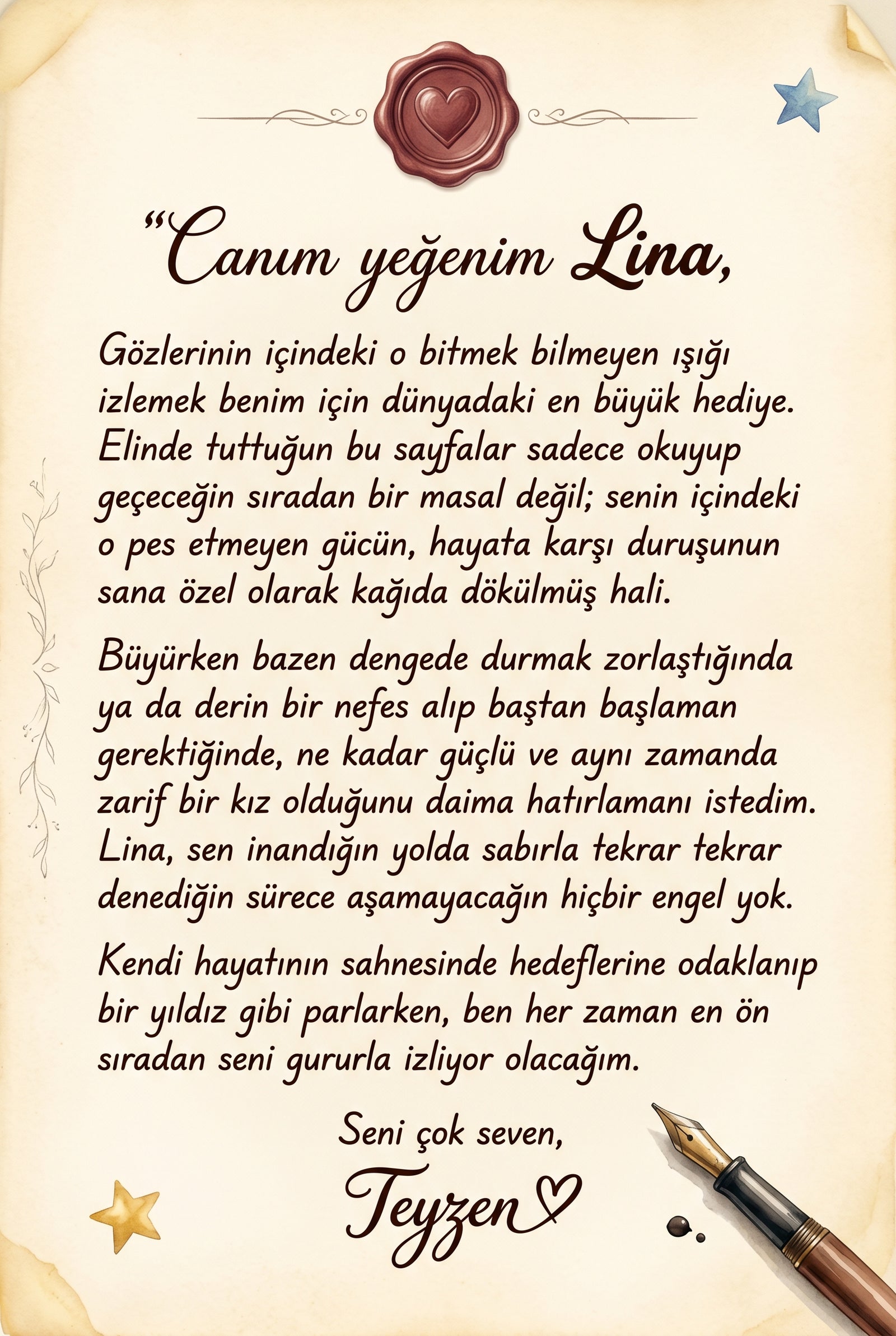 Kitabın ilk sayfasında yer alan hediye notu bölümü - Doğum günü için özel yazılmış sevgi dolu mesaj