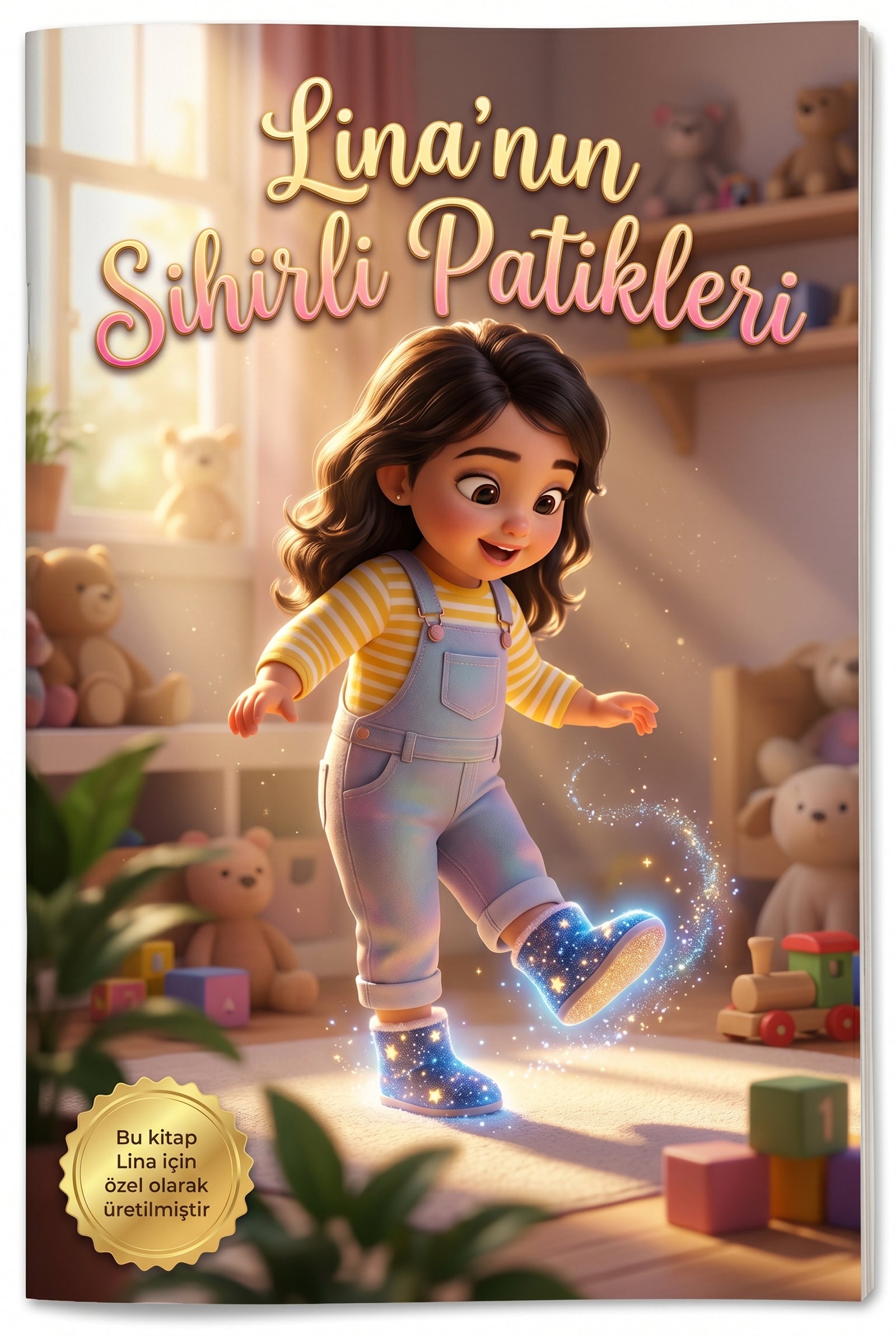 Lina'nın Sihirli Patikleri isimli çocuk kitabı ön kapağı, aydınlık odada Pixar 3D illüstrasyon