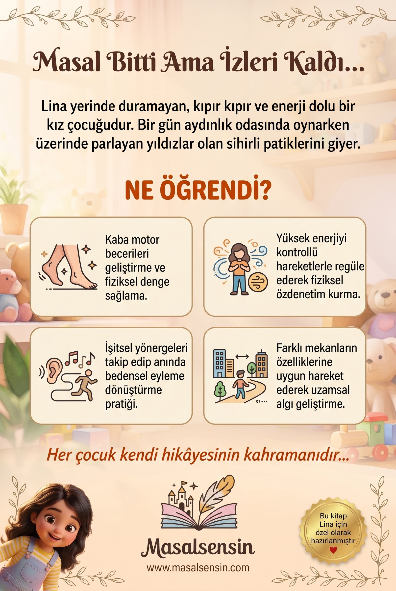 Lina isimli kitabın arka kapağı — duygusal düzenleme ve fiziksel gelişim kazanımları