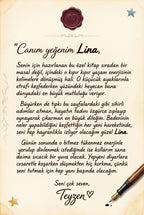 Lina'nın Sihirli Patikleri kitabının ilk sayfasında teyzesinden yazılmış özel kutlama notu