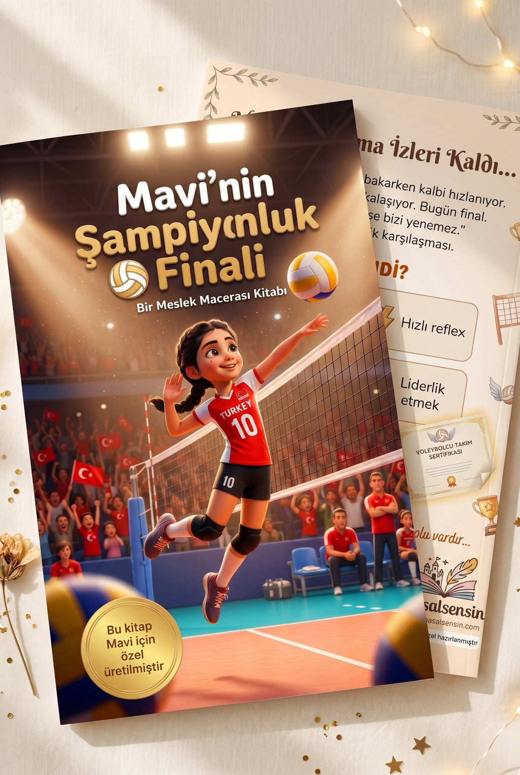 MasalSensin uzmanlığıyla üretilmiş kişiye özel çocuk kitabı A4 ön ve arka kapağının yüksek kaliteli yan yana görünümü.