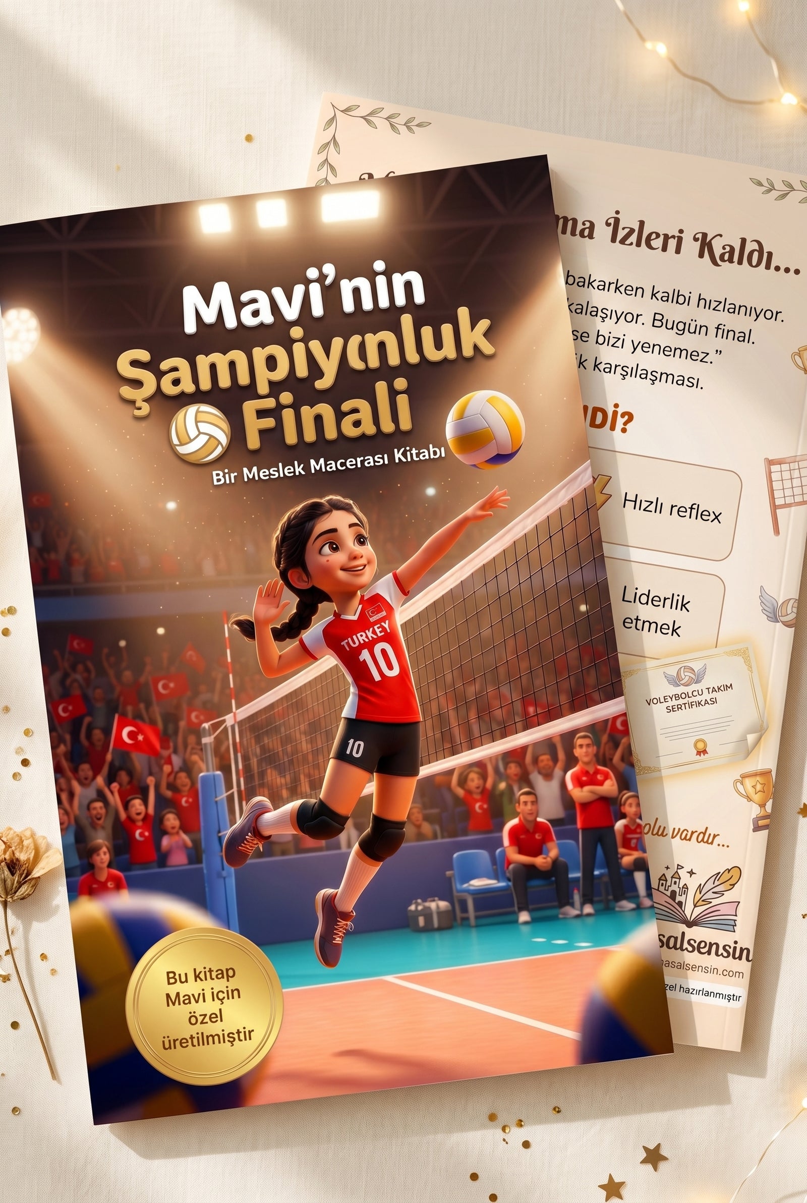 MasalSensin uzmanlığıyla üretilmiş kişiye özel çocuk kitabı A4 ön ve arka kapağının yüksek kaliteli yan yana görünümü.