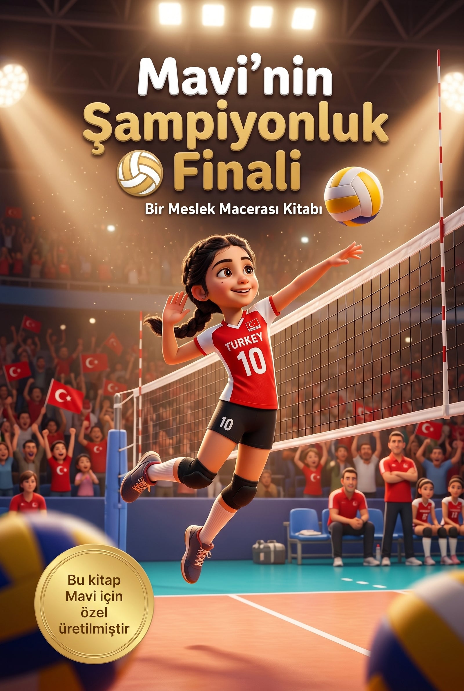 Mavi'nin Şampiyonluk Finali isimli kişiye özel voleybol çocuk kitabı ön kapağı, renkli 3D Pixar tarzı meslek çizimi.