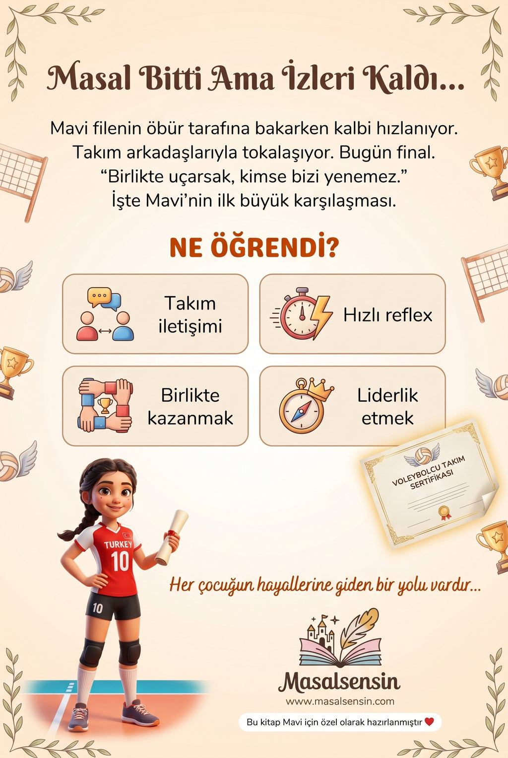 Takım ruhu ve liderlik kazanımlarını özetleyen, Mavi adına özel meslek hikayesi kitabı arka kapağı tasarımı.