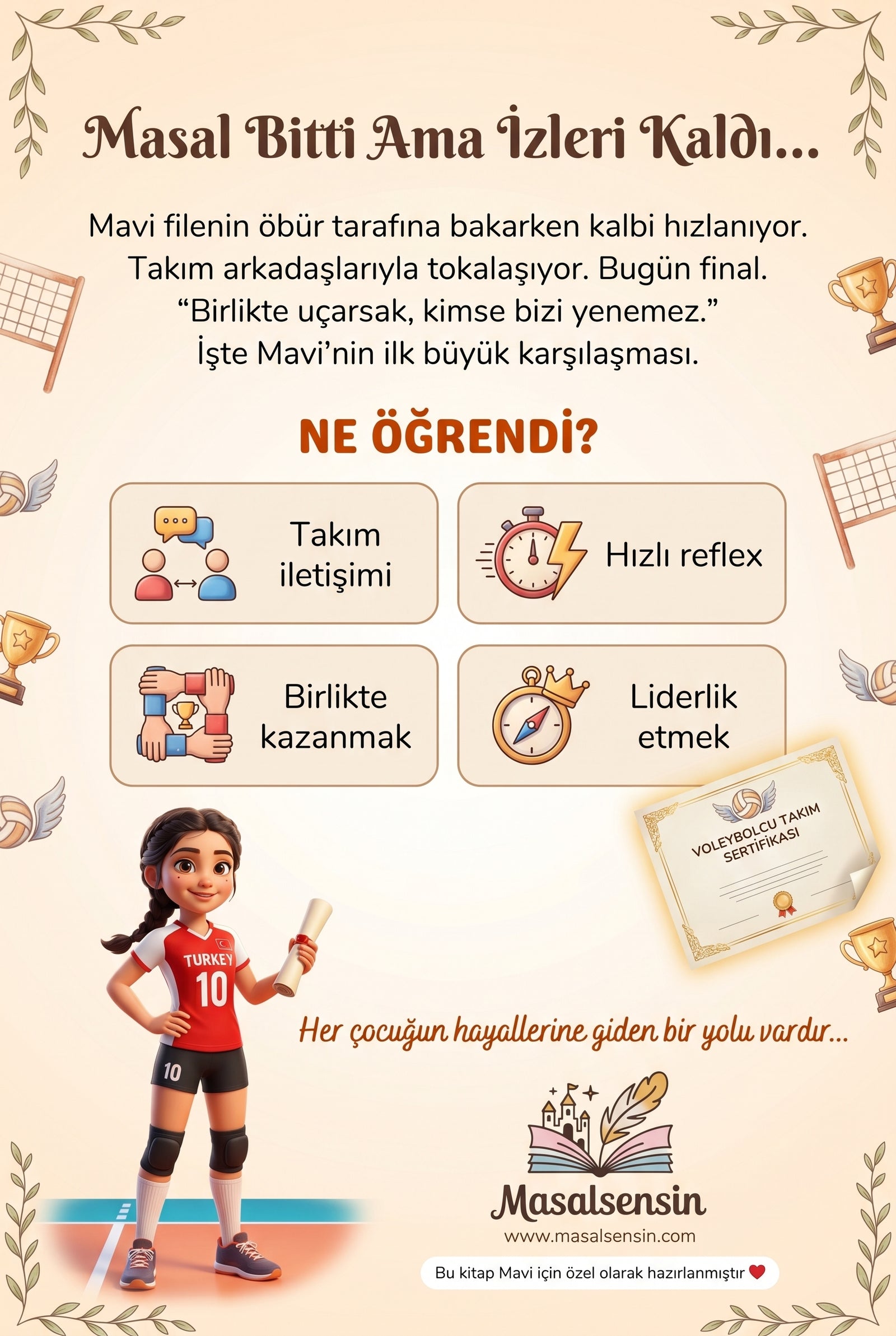 Takım ruhu ve liderlik kazanımlarını özetleyen, Mavi adına özel meslek hikayesi kitabı arka kapağı tasarımı.