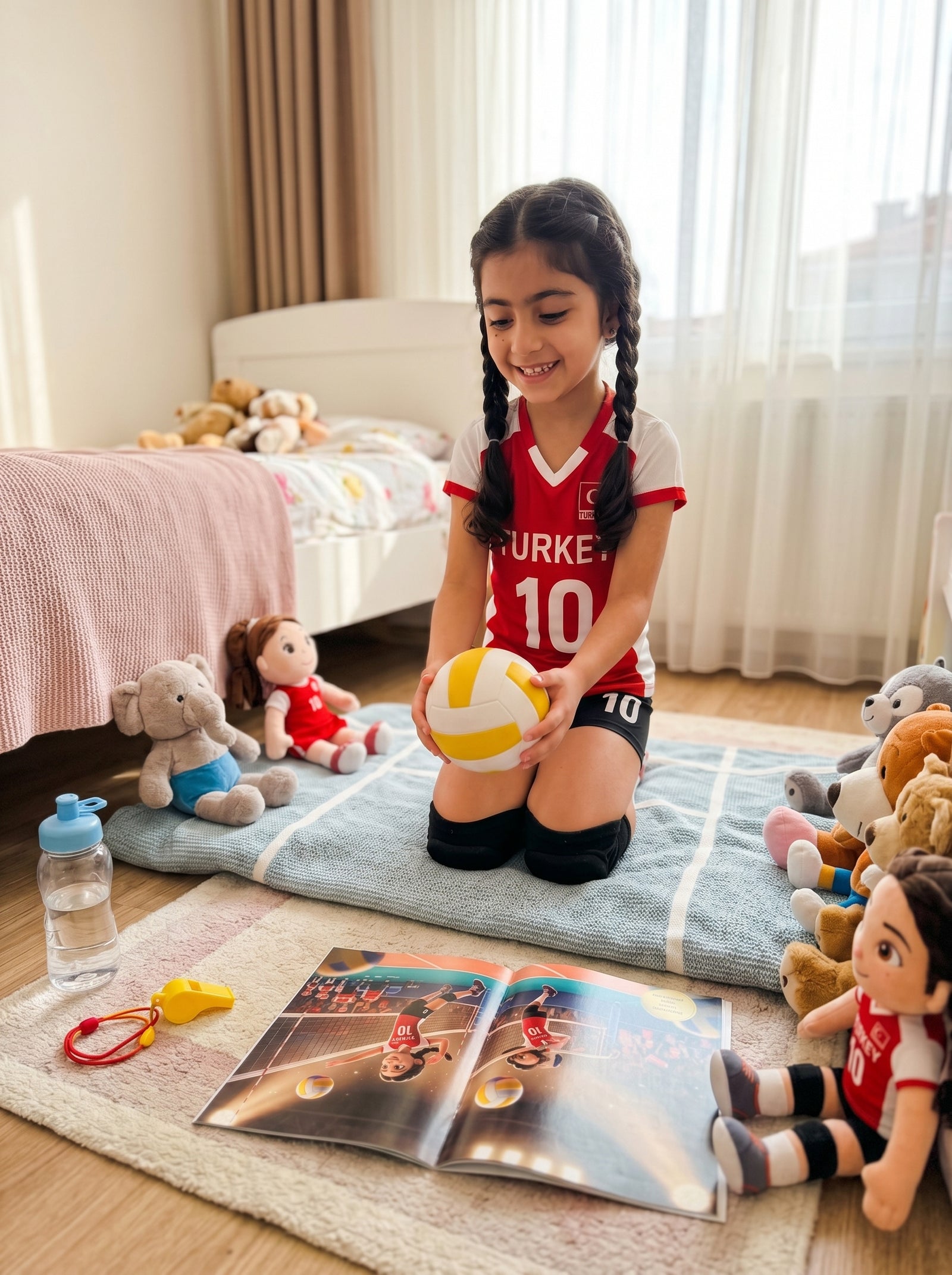 10 yaşındaki mutlu bir çocuğun uyumadan önce kendi adını taşıyan heyecanlı voleybol finali kitabını okuma anı.