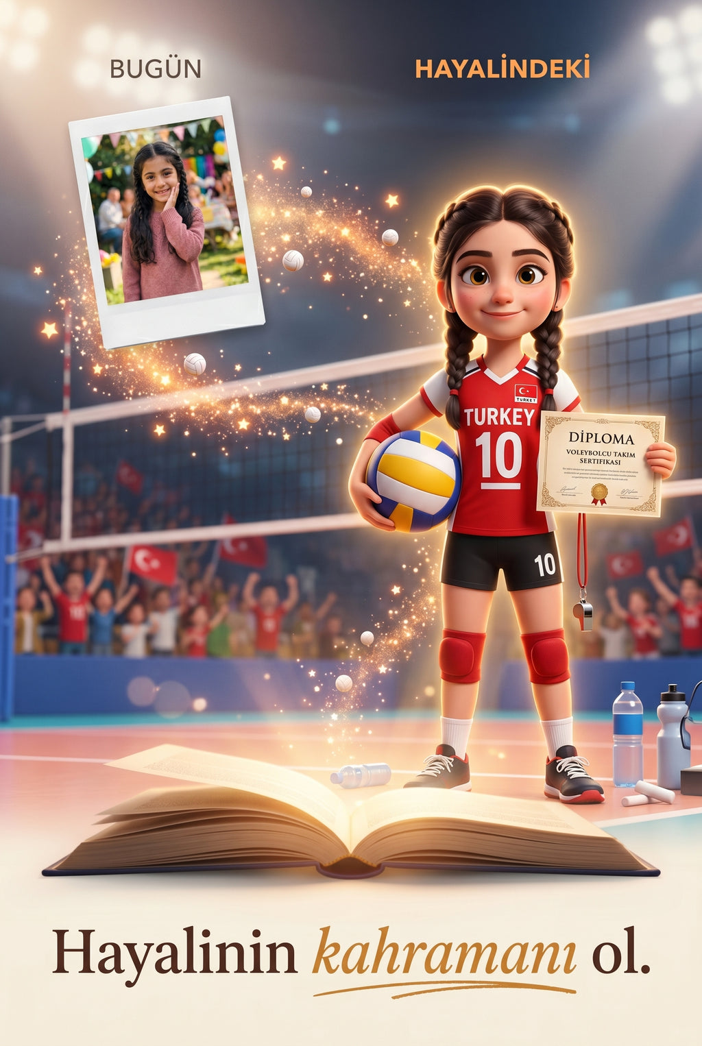 Çocuğun sıradan bir fotoğrafının, kırmızı-beyaz formalı yetenekli bir voleybolcu karaktere dönüşüm ve illüstrasyon süreci.