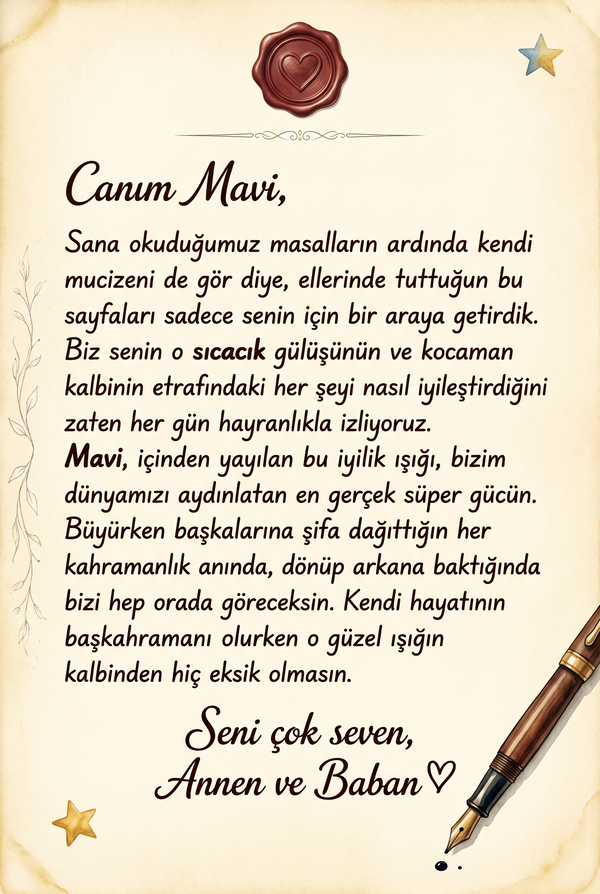 Kişiselleştirilmiş hikaye kitabının ilk sayfasında yer alan aileden çocuğa duygu yüklü ithaf notu