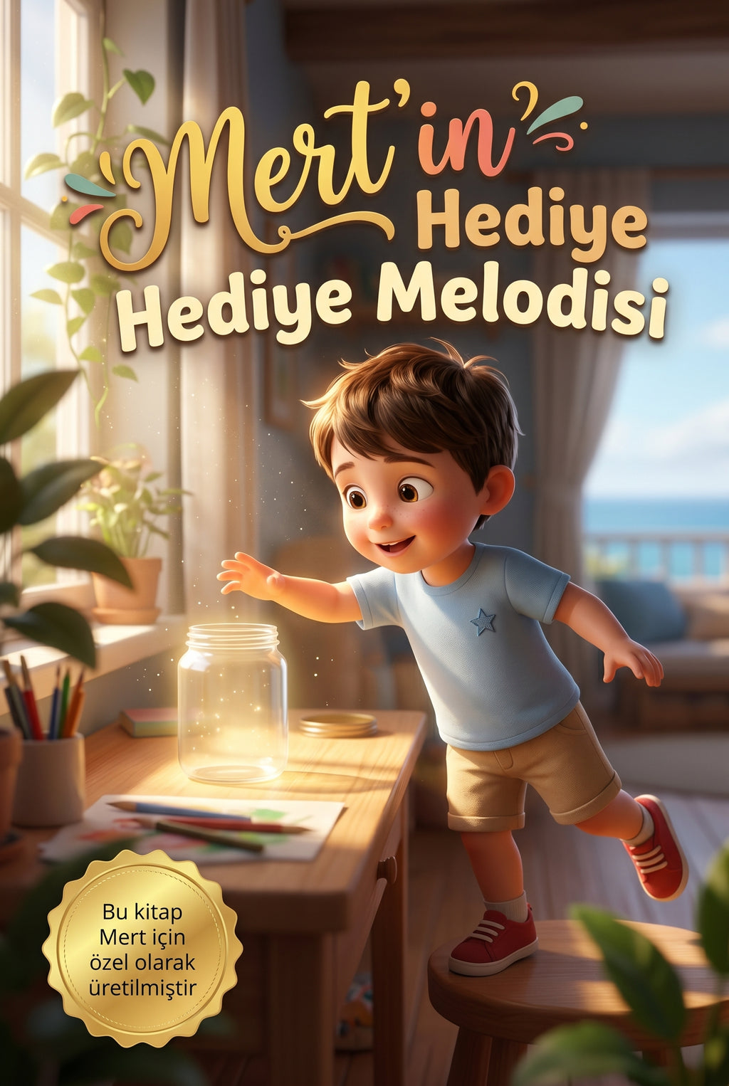Mert'in Hediye Melodisi kişiye özel çocuk kitabı ön kapağı, Mert'in ses kavanozuyla ormanda yürüdüğü 3D illüstrasyon.