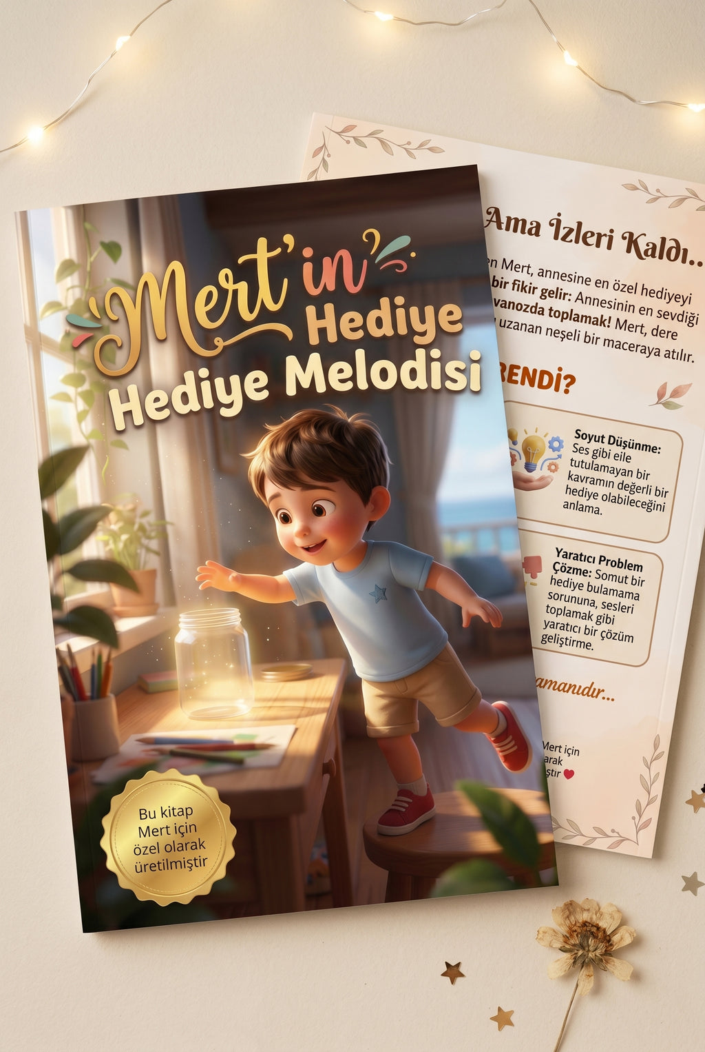 Mert'in Hediye Melodisi isimli A4 boyutundaki kitabın ön ve arka kapakları yan yana, kaliteli baskısını gösteriyor.