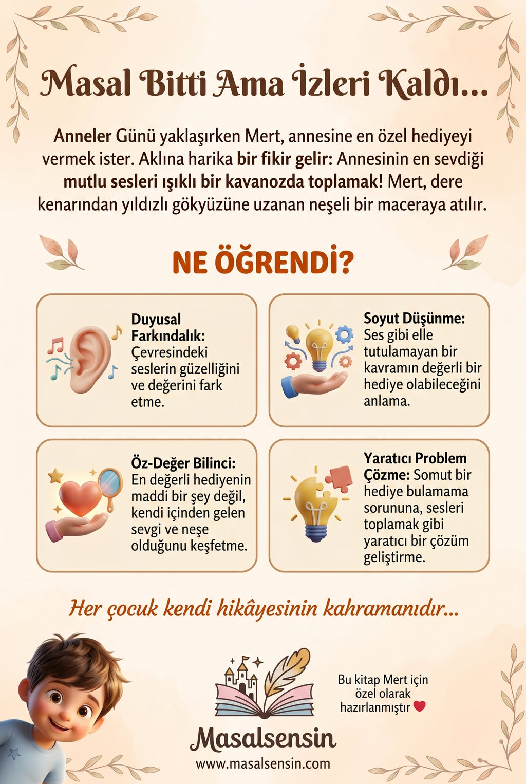 Mert için hazırlanan isimli Anneler Günü kitabının arka kapağı, sevgi ve öz-değer kazanımlarını özetliyor.