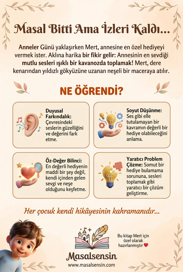 Mert için hazırlanan isimli Anneler Günü kitabının arka kapağı, sevgi ve öz-değer kazanımlarını özetliyor.