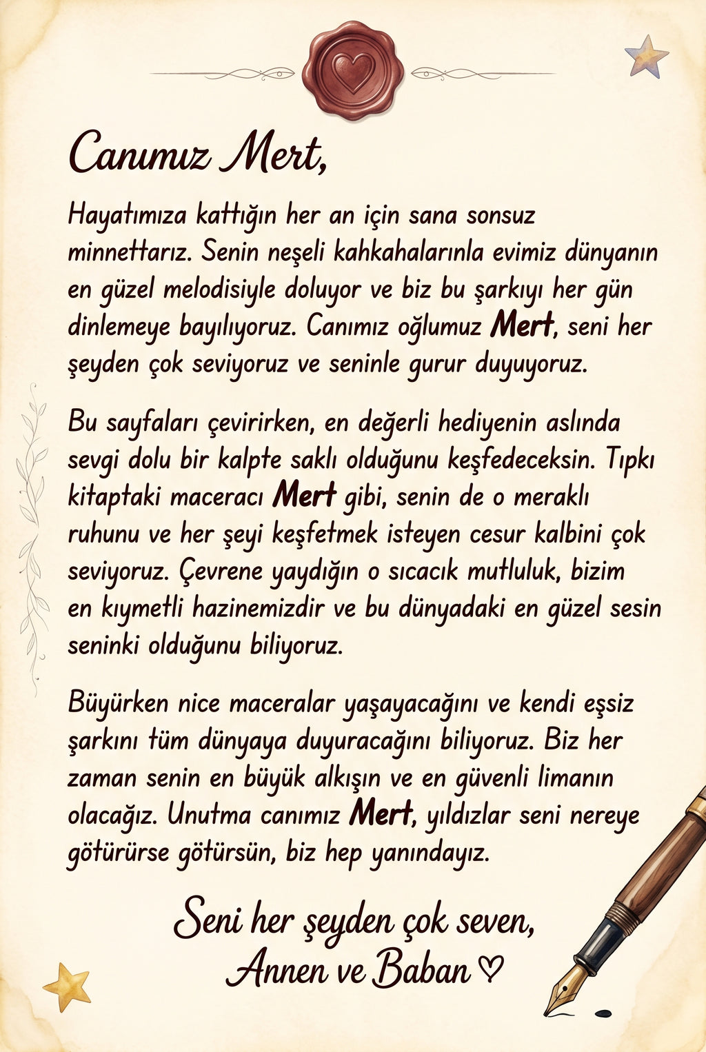 Kişiye özel çocuk kitabının ilk sayfasındaki 'Mert'e özel not' bölümü, hediye eden kişinin mesajını içeriyor.