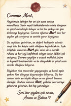 Kişiye özel çocuk kitabının ilk sayfasındaki 'Mert'e özel not' bölümü, hediye eden kişinin mesajını içeriyor.