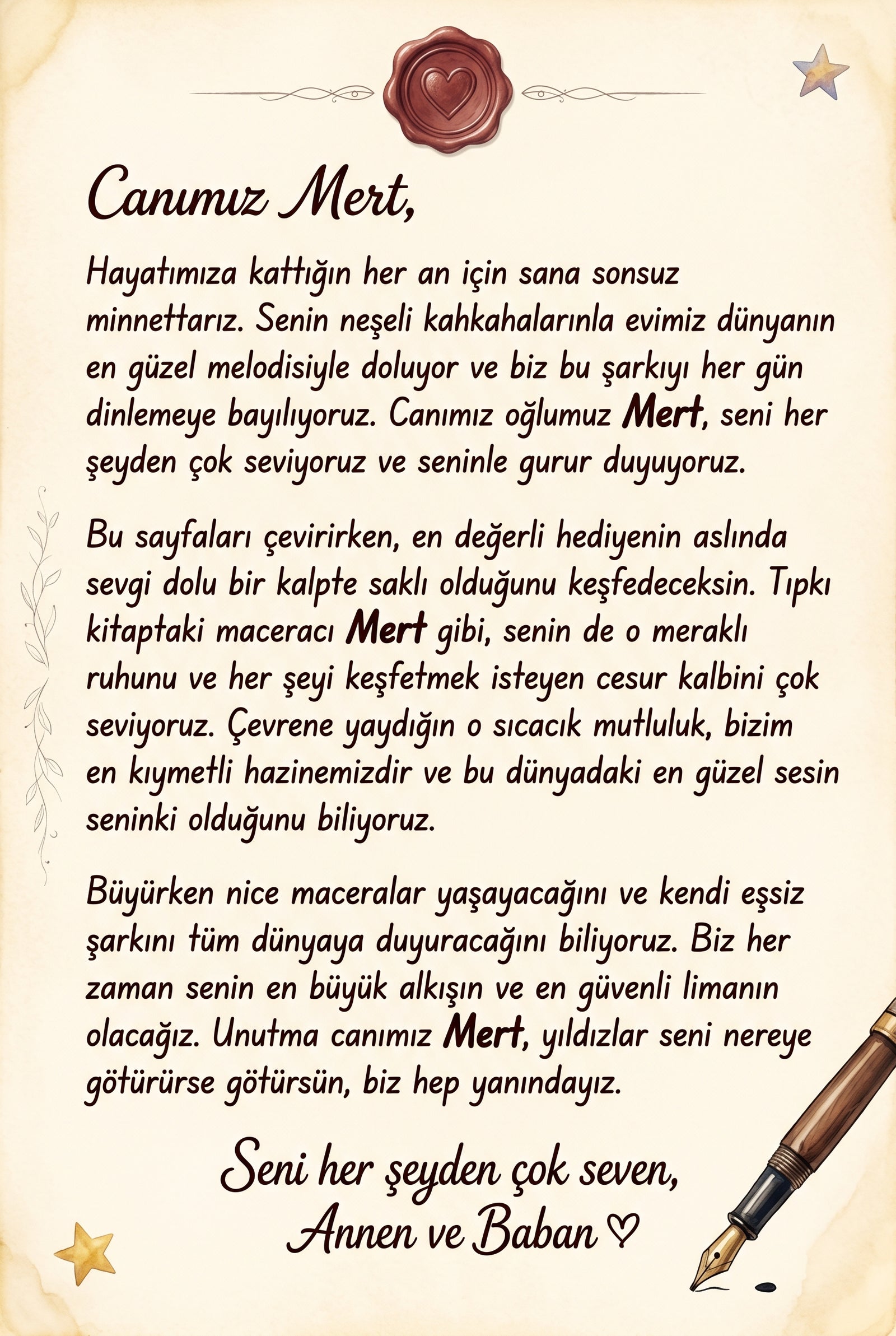 Kişiye özel çocuk kitabının ilk sayfasındaki 'Mert'e özel not' bölümü, hediye eden kişinin mesajını içeriyor.