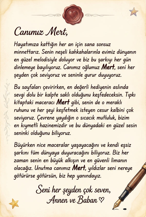 Kişiye özel çocuk kitabının ilk sayfasındaki 'Mert'e özel not' bölümü, hediye eden kişinin mesajını içeriyor.