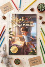 Mert'in Hediye Melodisi kitabı, renkli oyuncaklar ve bir bardak sütle birlikte çocuk odasında düz bir zeminde sergileniyor.