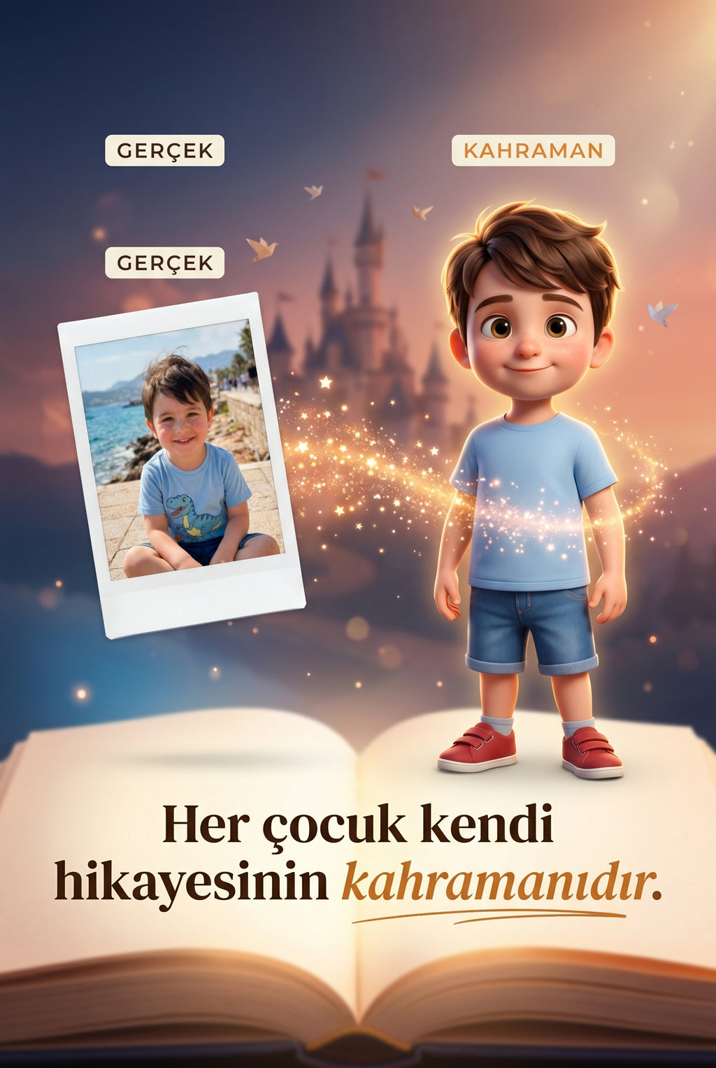 Mert'in fotoğrafının, MasalSensin'in sihirli illüstrasyon teknolojisiyle masal kahramanına nasıl dönüştüğünü gösteren karşılaştırma.