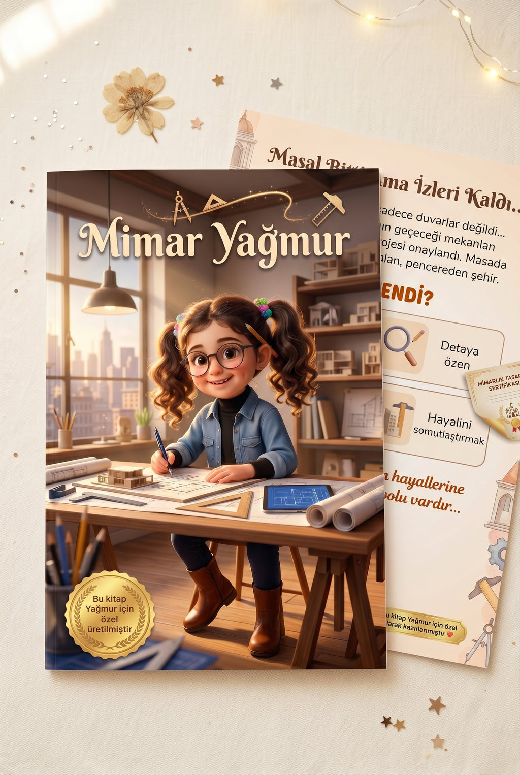 Mimar Yağmur kişiye özel kitabı ön ve arka kapak birlikte — A4 ebadında yumuşak kapak (paperback) formatı.