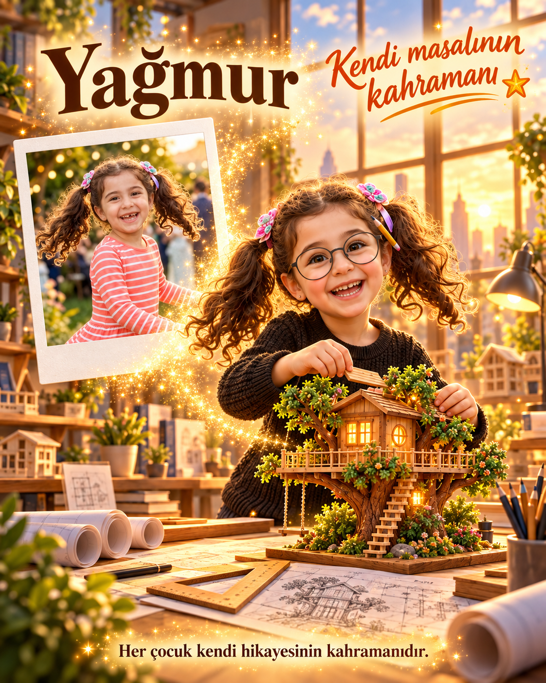 Yağmur gerçek fotoğraftan kitaptaki kahramana dönüşüyor